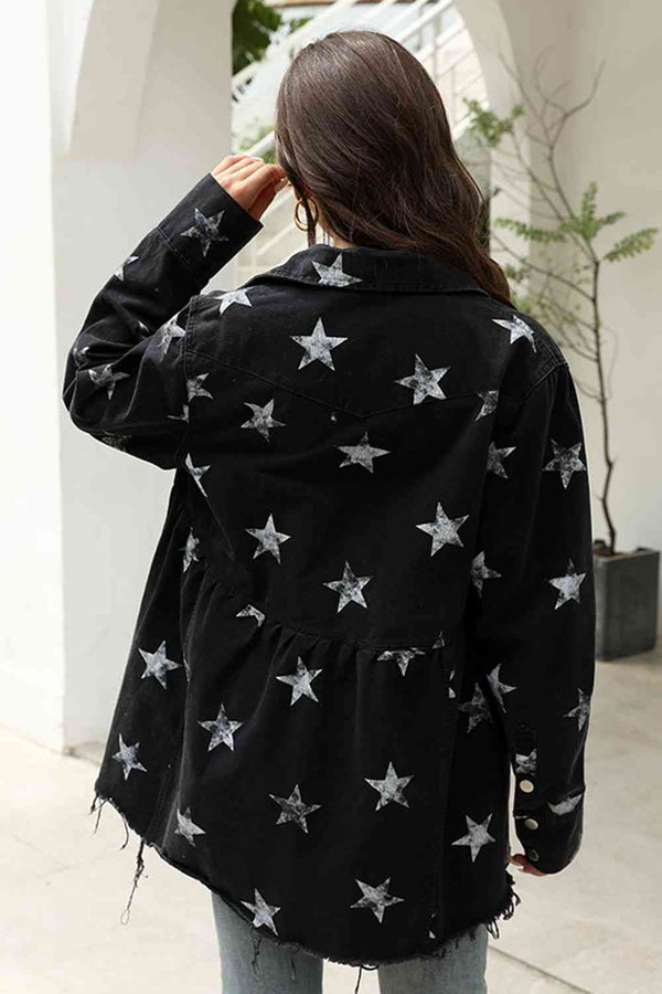 Collared Neck Star Print Long Sleeve Denim Jacket Bazaarbey