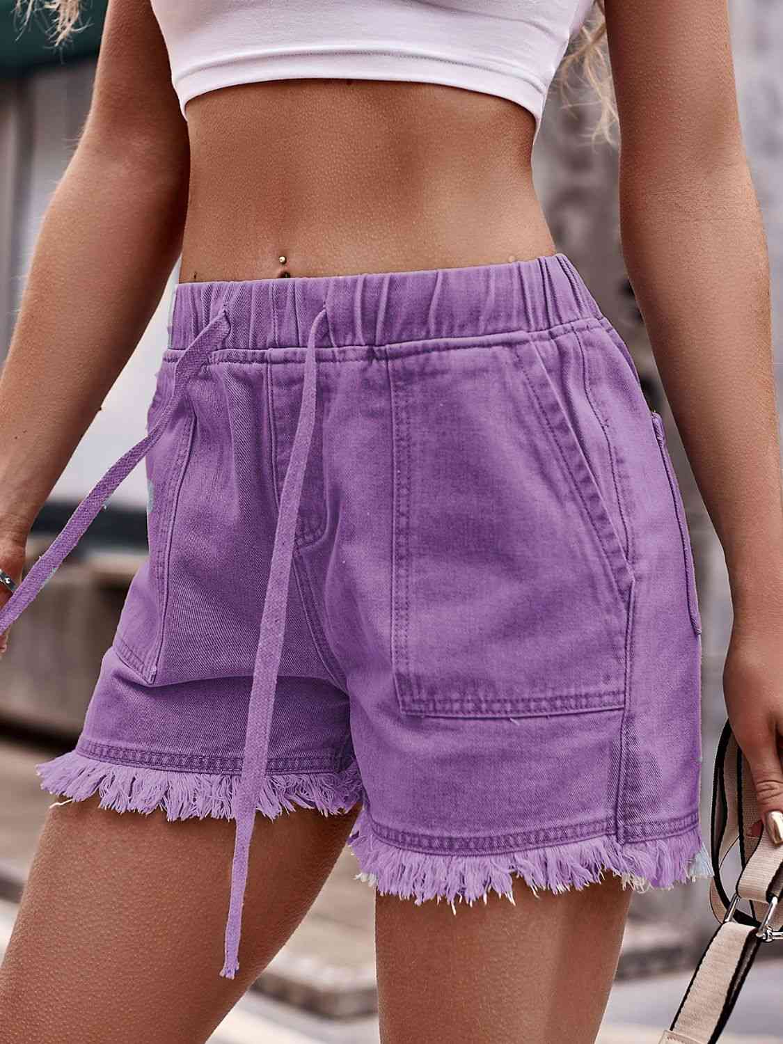 Drawstring Raw Hem Denim Shorts Bazaarbey