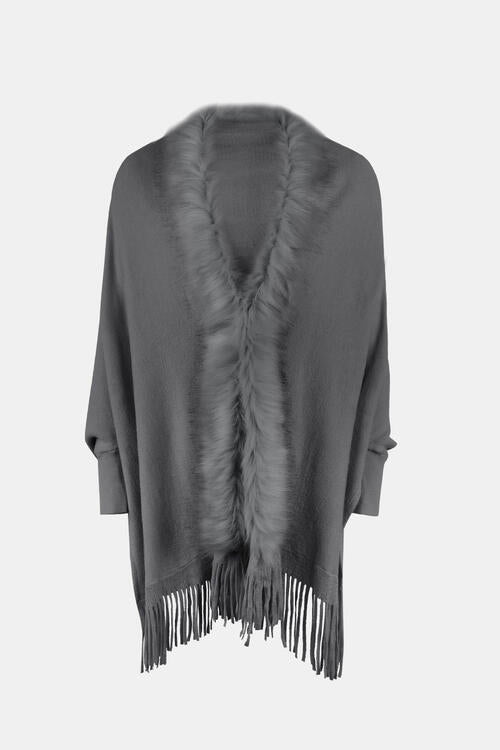 Fringe Open Front Long Sleeve Poncho Bazaarbey