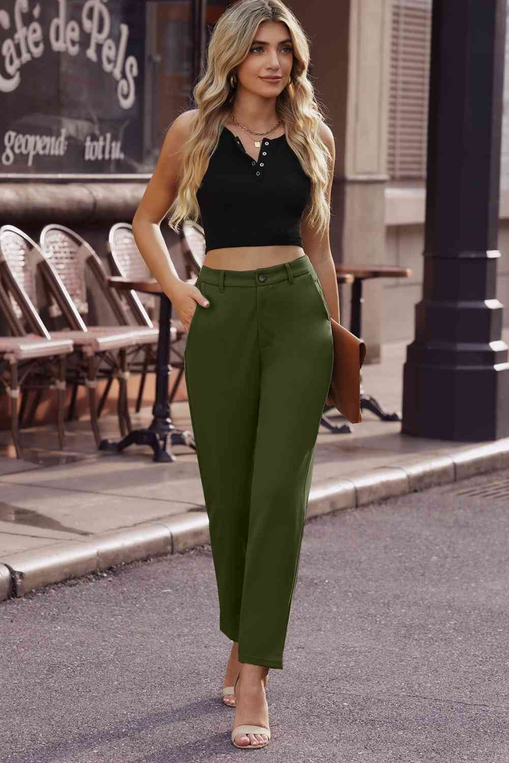 Ankle-Length Straight Leg Pants with Pockets Bazaarbey