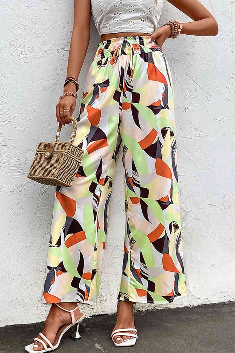 Printed Smocked Waist Wide Leg Pants Bazaarbey