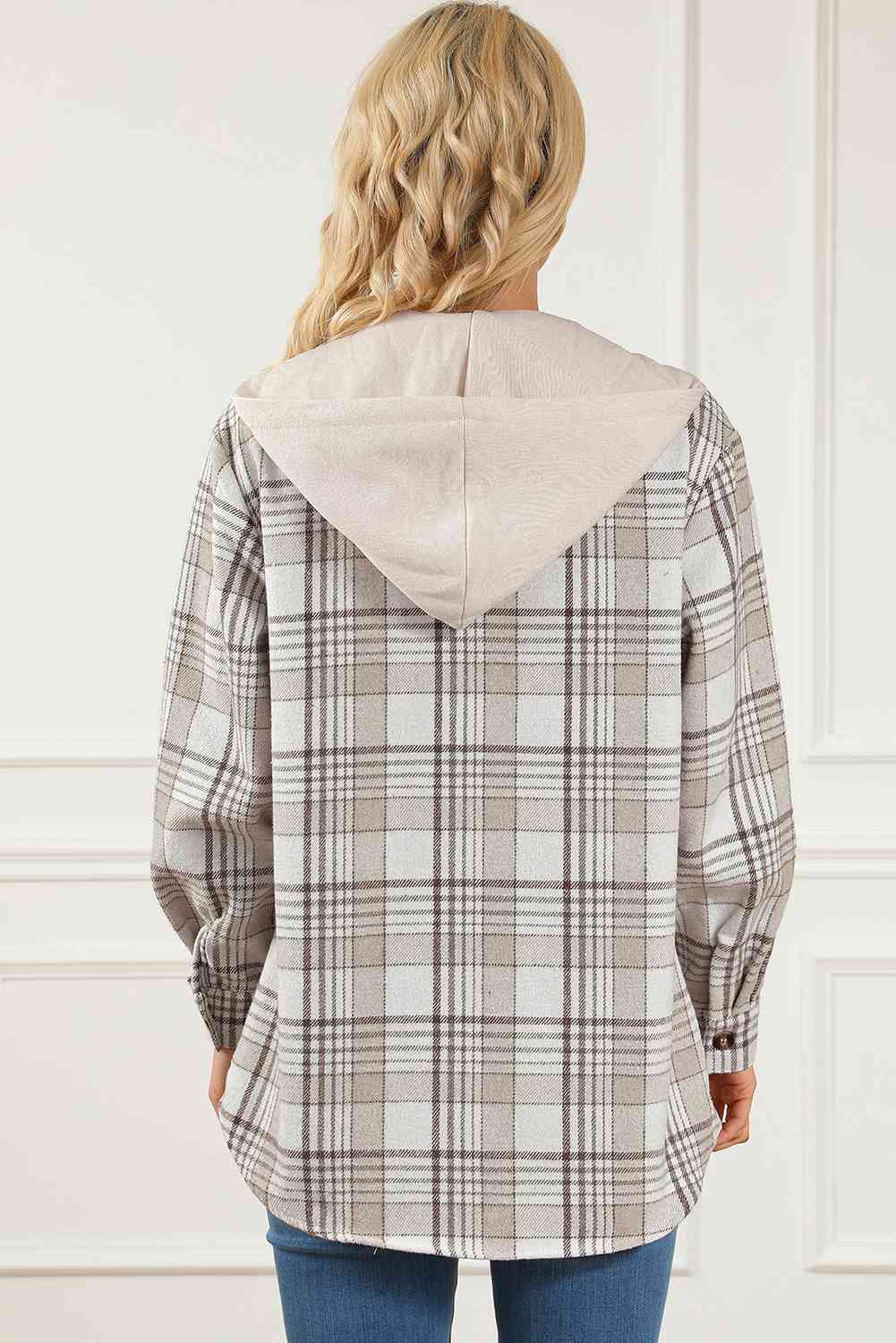 Plaid Button Down Hooded Jacket Trendsi