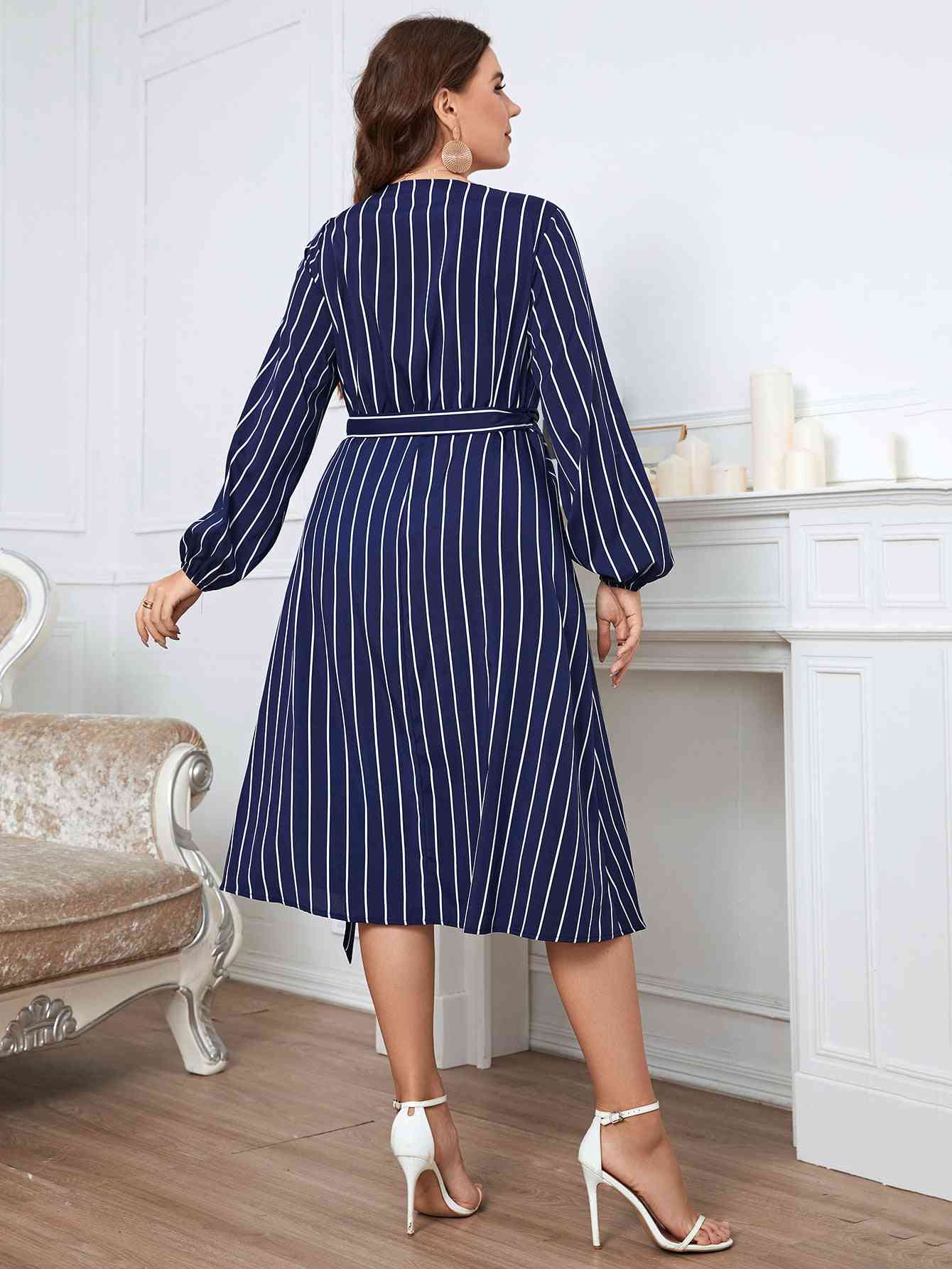  Apparel Plus Size Striped  Neck Long Sleeve Dress -BazaarBey - www.shopbazaarbey.com