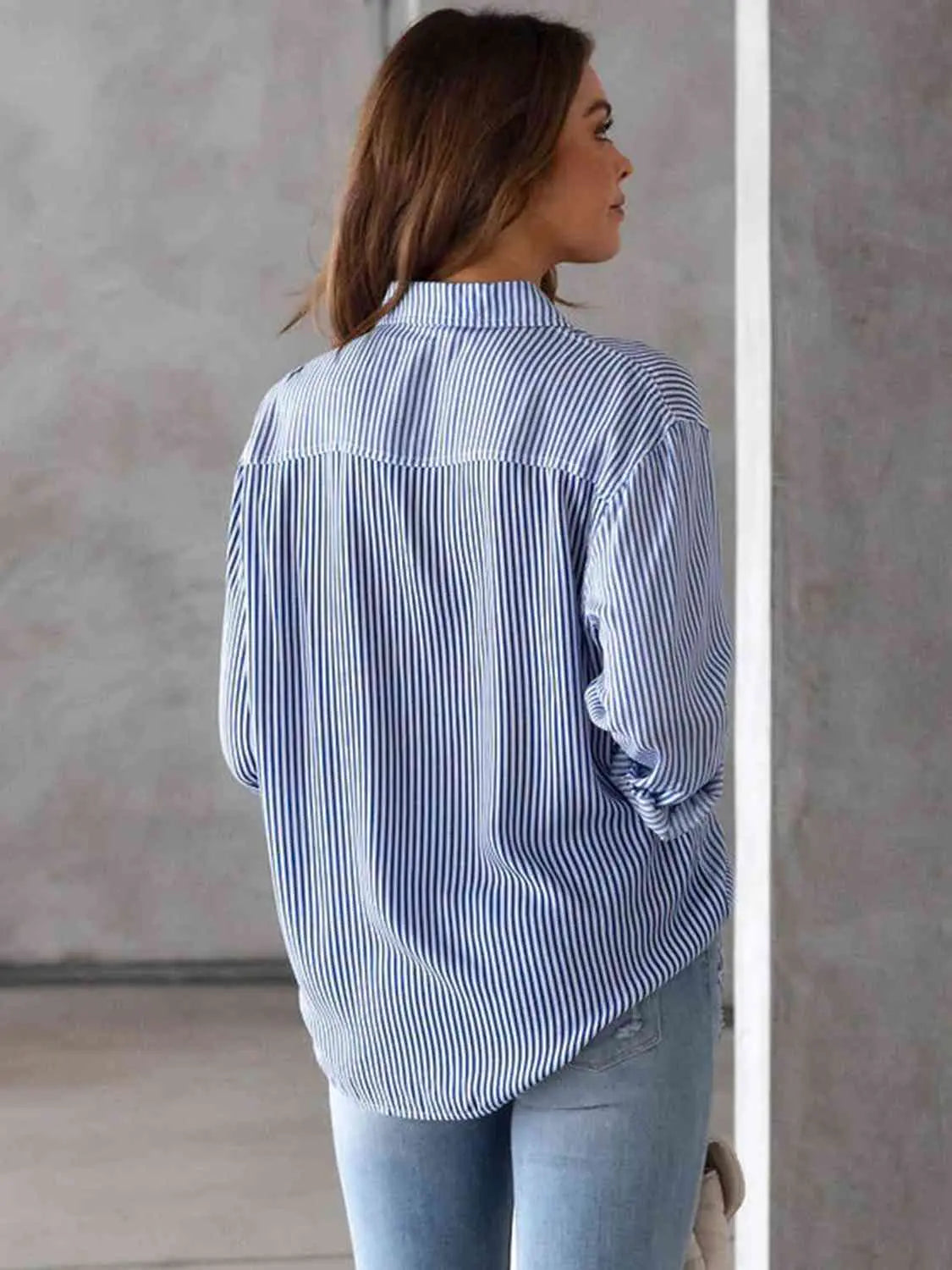 Striped Collared Neck Shirt with Pocket Trendsi