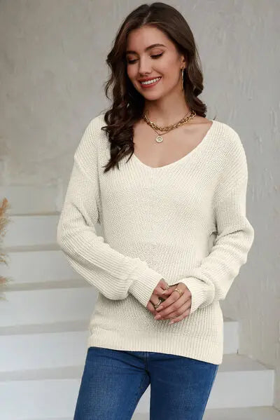 V-Neck Long Sleeve Knit Top Trendsi