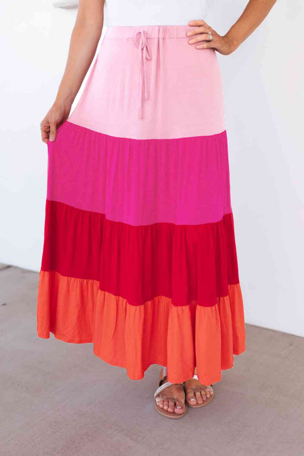 Color Block Tiered Maxi Skirt Trendsi