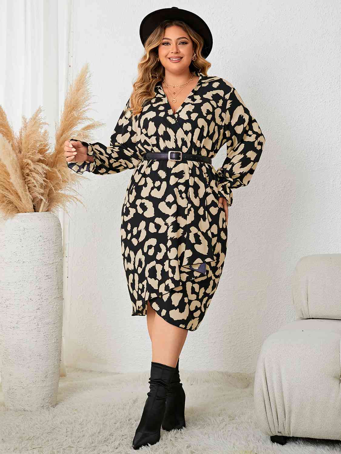 Plus Size Leopard  Neck Flounce Sleeve Dress -BazaarBey - www.shopbazaarbey.com