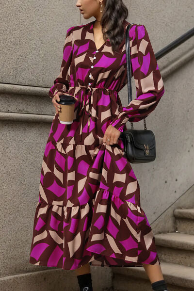 Printed Tied Pocketed Lantern Sleeve Dress Bazaarbey