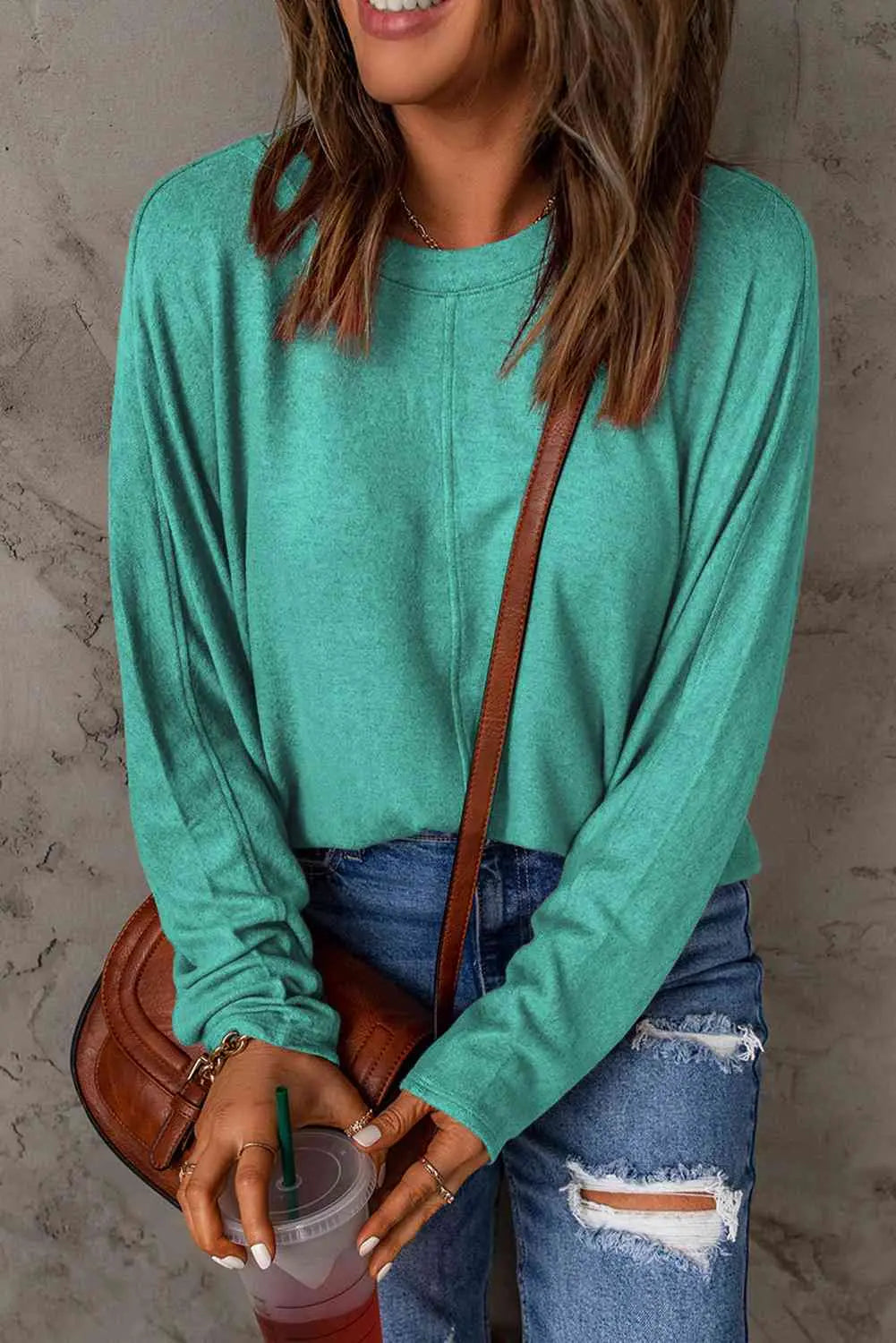 Seam Detail Round Neck Long Sleeve Top Trendsi