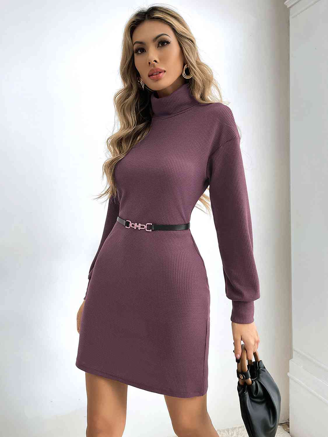 Ribbed Turtle Neck Long Sleeve Dress -BazaarBey - www.shopbazaarbey.com