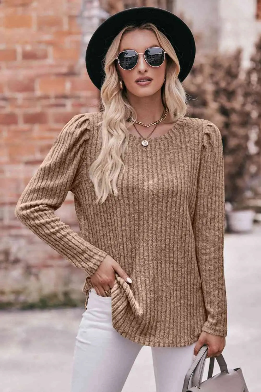  Round Neck Puff Sleeve Ribbed Top Trendsi