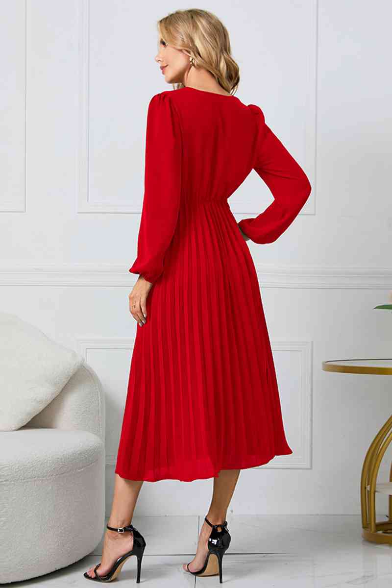 V-Neck Long Sleeve Tie Waist Midi Dress Bazaarbey