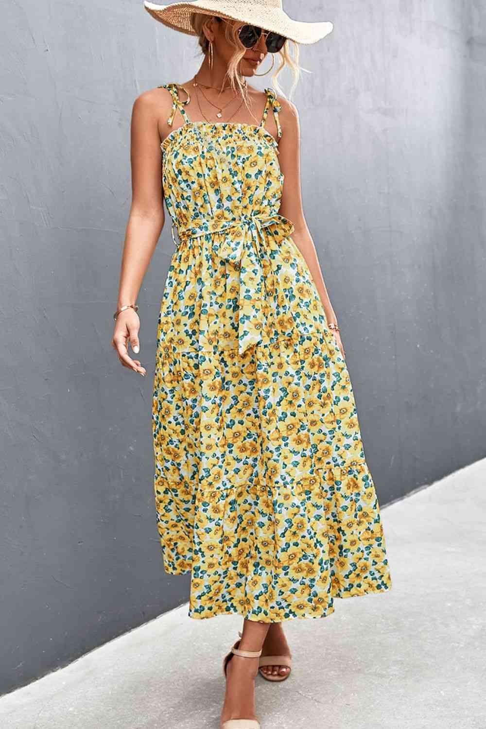 Floral Tie-Shoulder Belted Dress -BazaarBey - www.shopbazaarbey.com