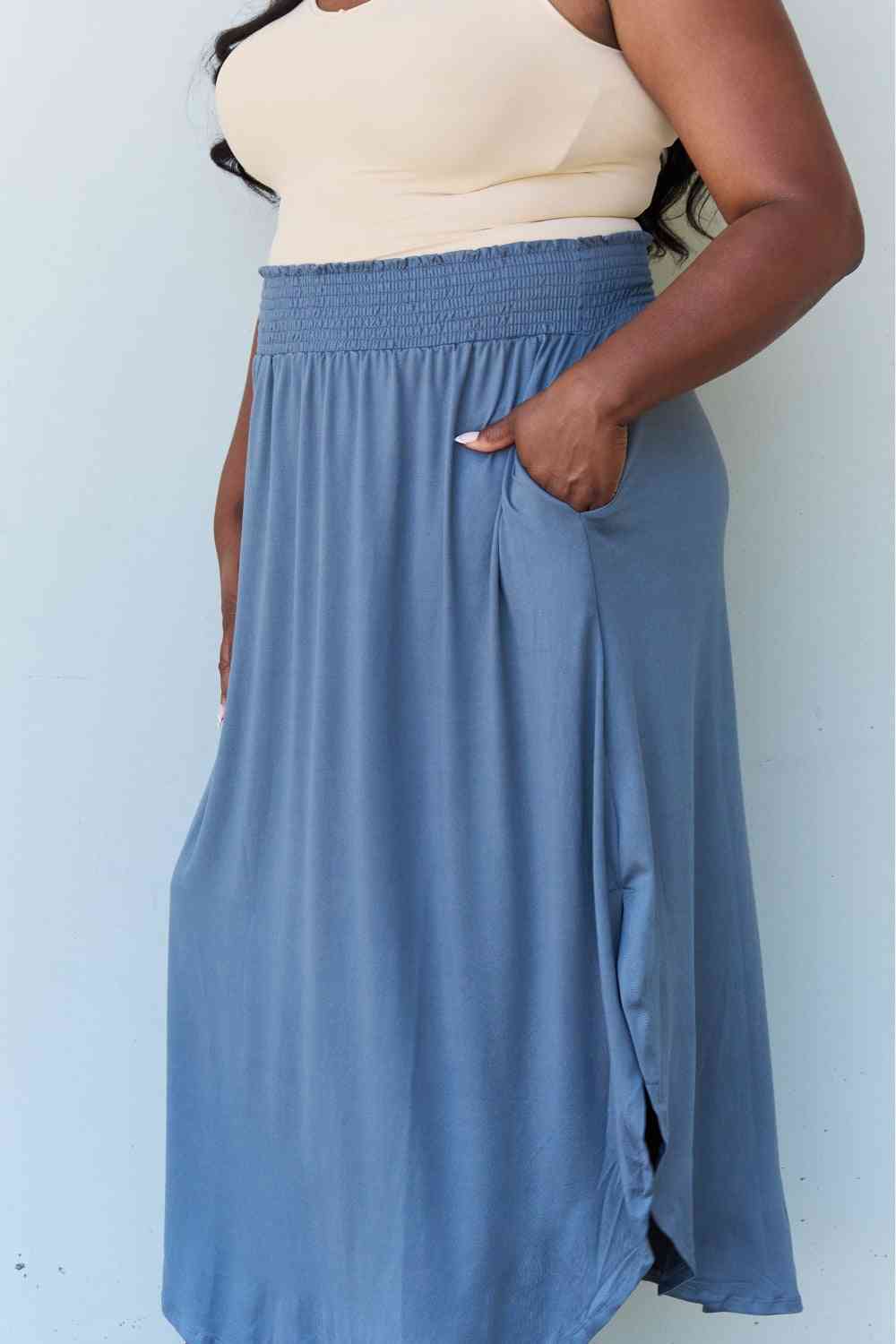  Comfort Princess Full Size High Waist Scoop Hem Maxi Skirt in Dusty Blue Trendsi