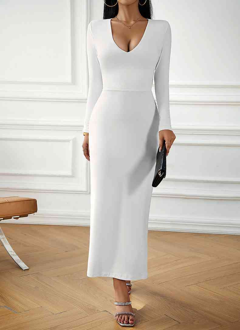 V-Neck Tie Back Long Sleeve Dress -BazaarBey - www.shopbazaarbey.com