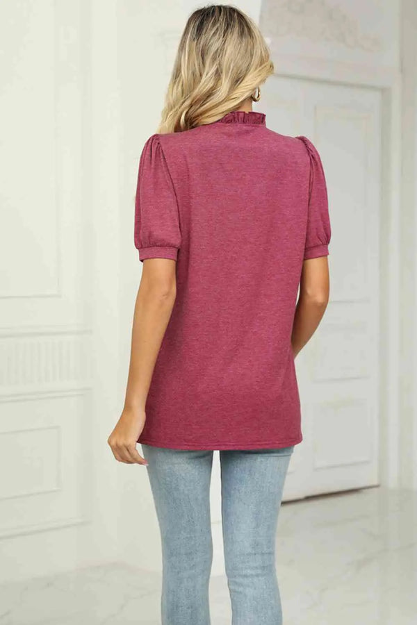 Notched Neck Puff Sleeve T-Shirt Bazaarbey