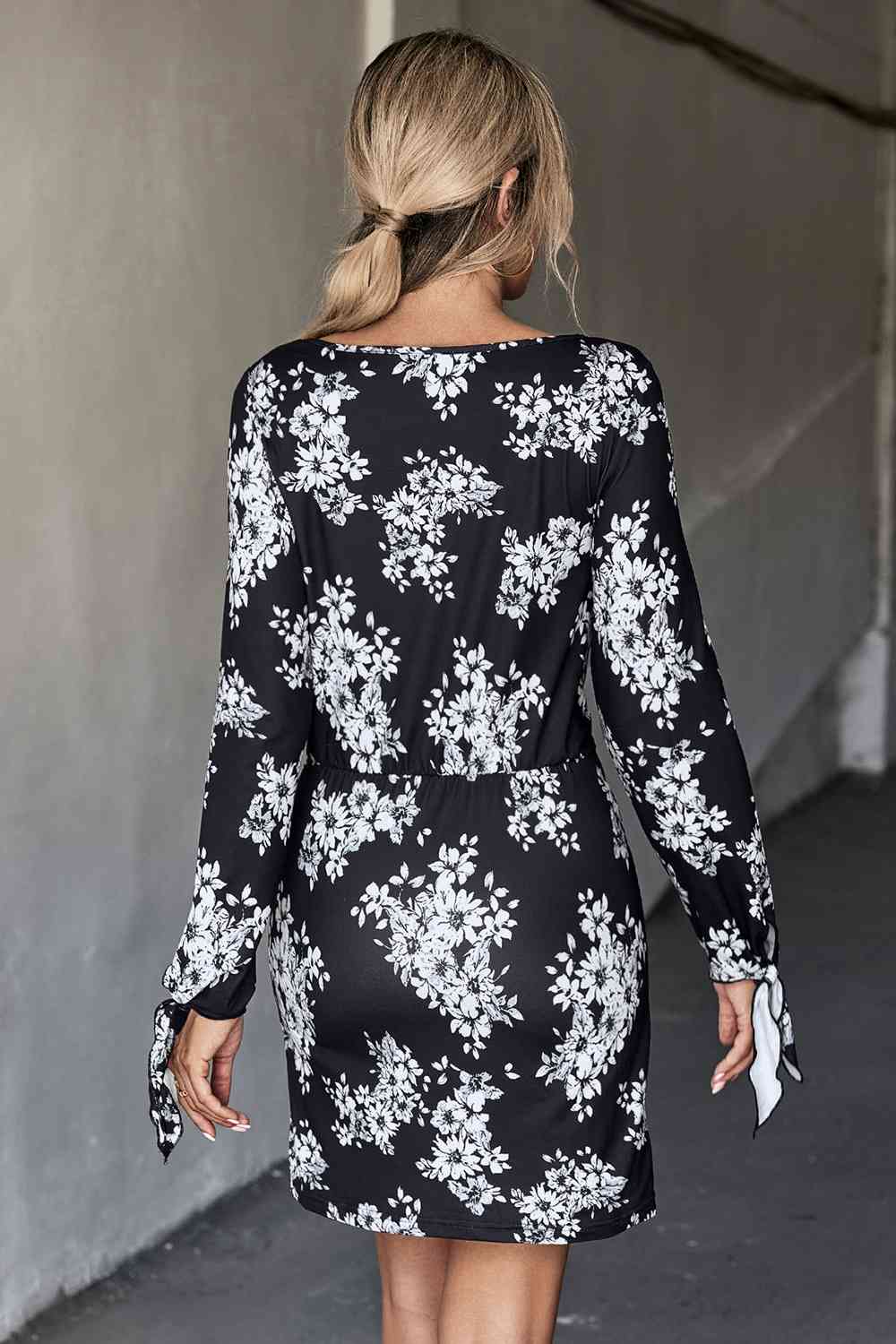 Floral Cutout Tie Cuff Mini Dress -BazaarBey - www.shopbazaarbey.com