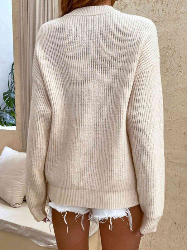 Round Neck Ribbed Button-Down Sweater Bazaarbey