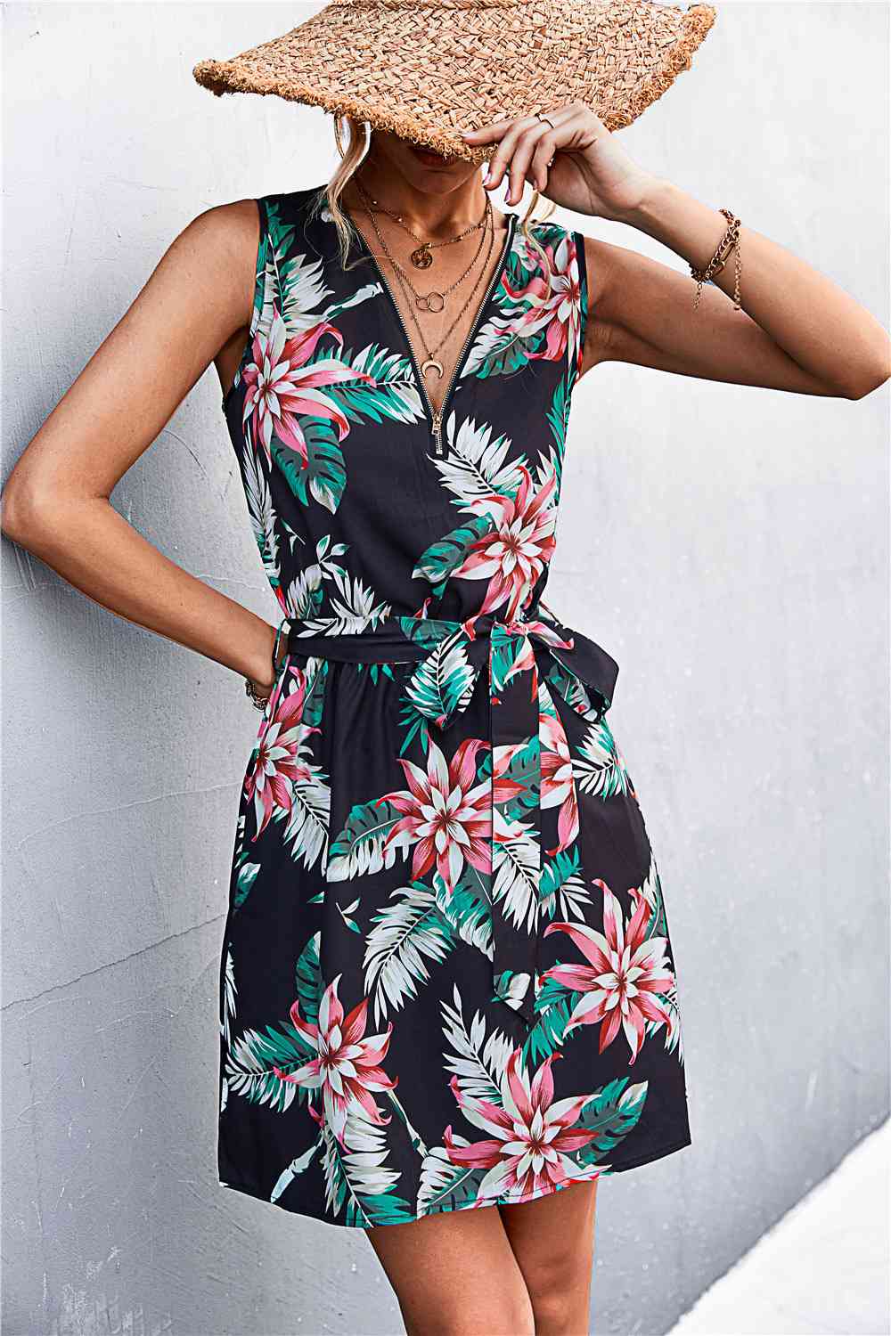 Printed Zip Detail Belted Sleeveless Dress -BazaarBey - www.shopbazaarbey.com