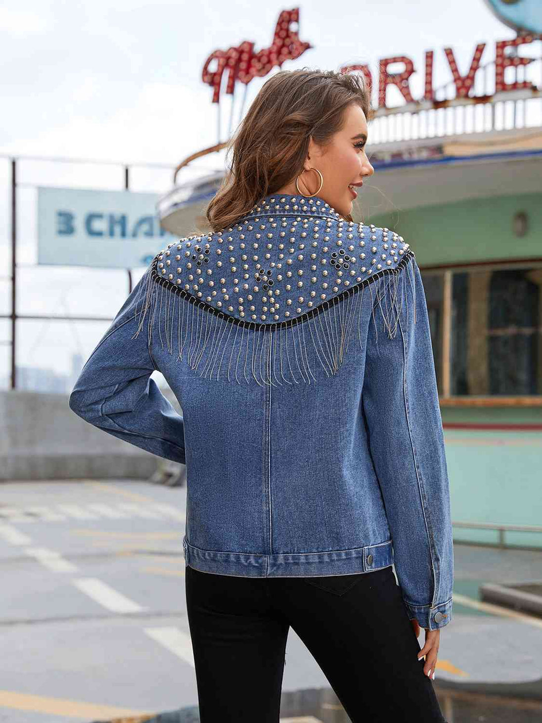 Studded Fringe Button Down Denim Jacket Bazaarbey