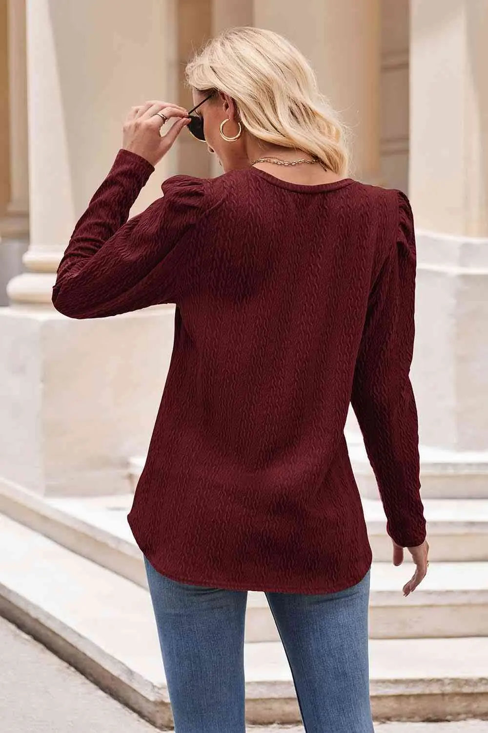 Round Neck Puff Sleeve Blouse Trendsi