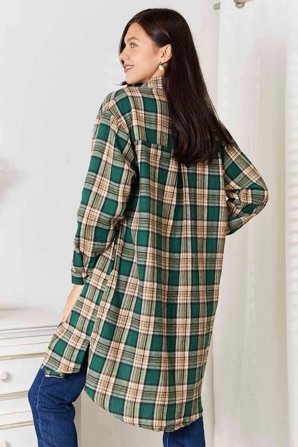  Plaid Collared Neck Long Sleeve Shirt Trendsi