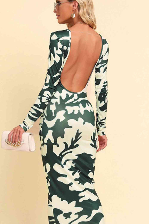 Printed Backless Long Sleeve Maxi Dress Bazaarbey