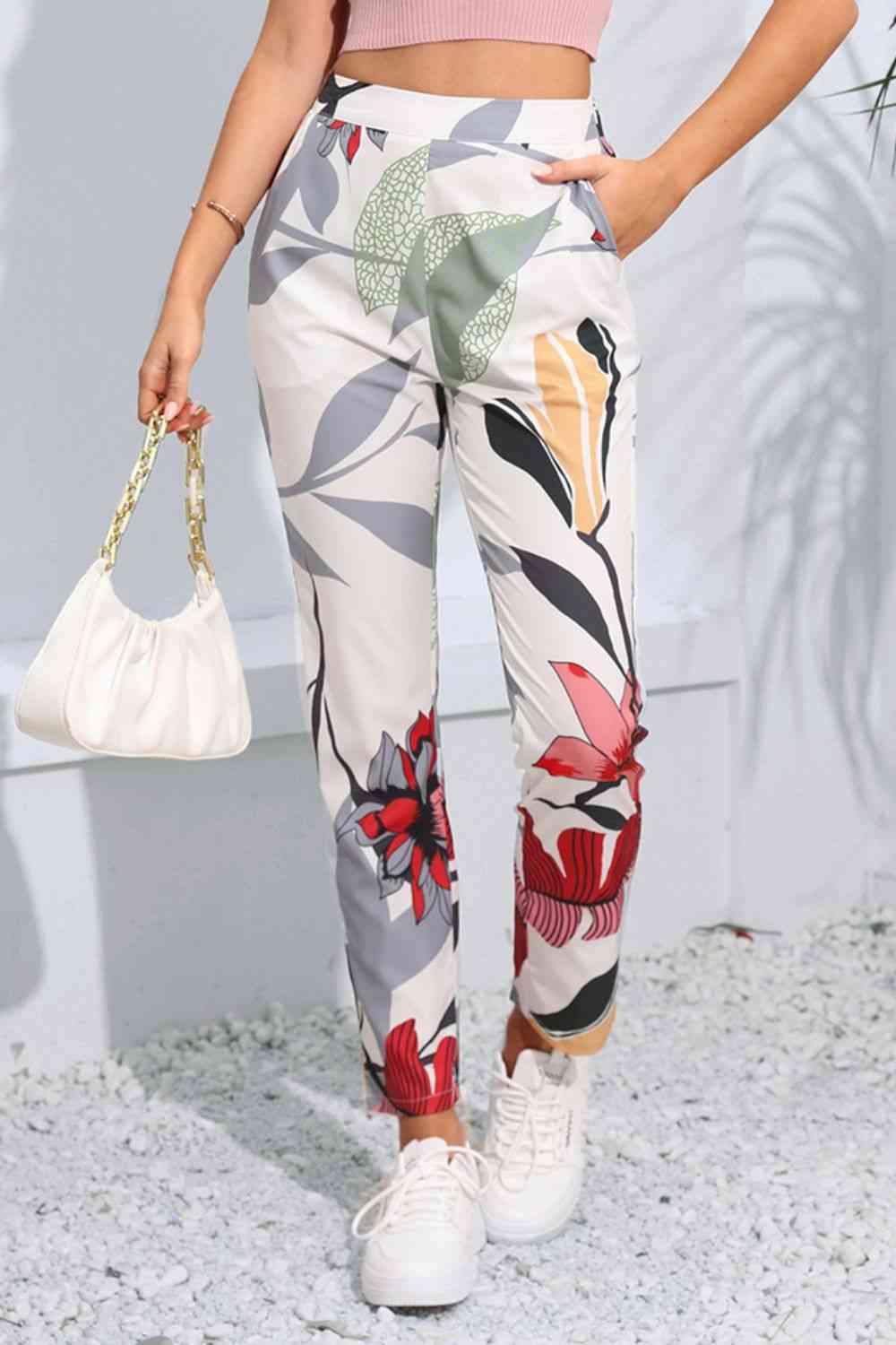 Floral Print Cropped Pants with Pockets Bazaarbey