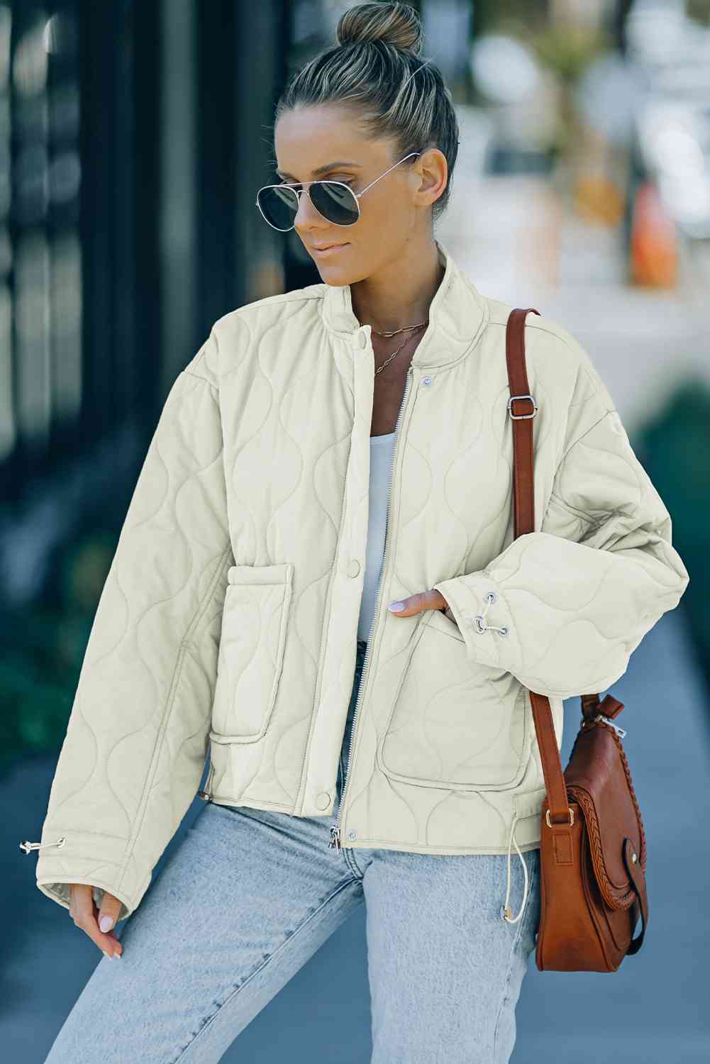 Drawstring Dropped Shoulder Quilted Jacket Trendsi