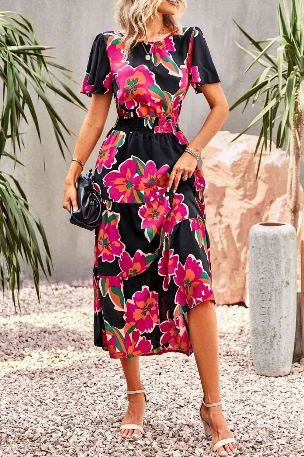 Floral Puff Sleeve Tiered Midi Dress -BazaarBey - www.shopbazaarbey.com