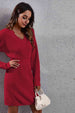 V-Neck Long Sleeve Rib-Knit Sweater Dress Bazaarbey