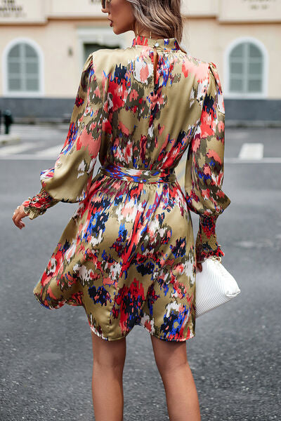 Printed Tie Waist Mock Neck Lantern Sleeve Dress -BazaarBey - www.shopbazaarbey.com