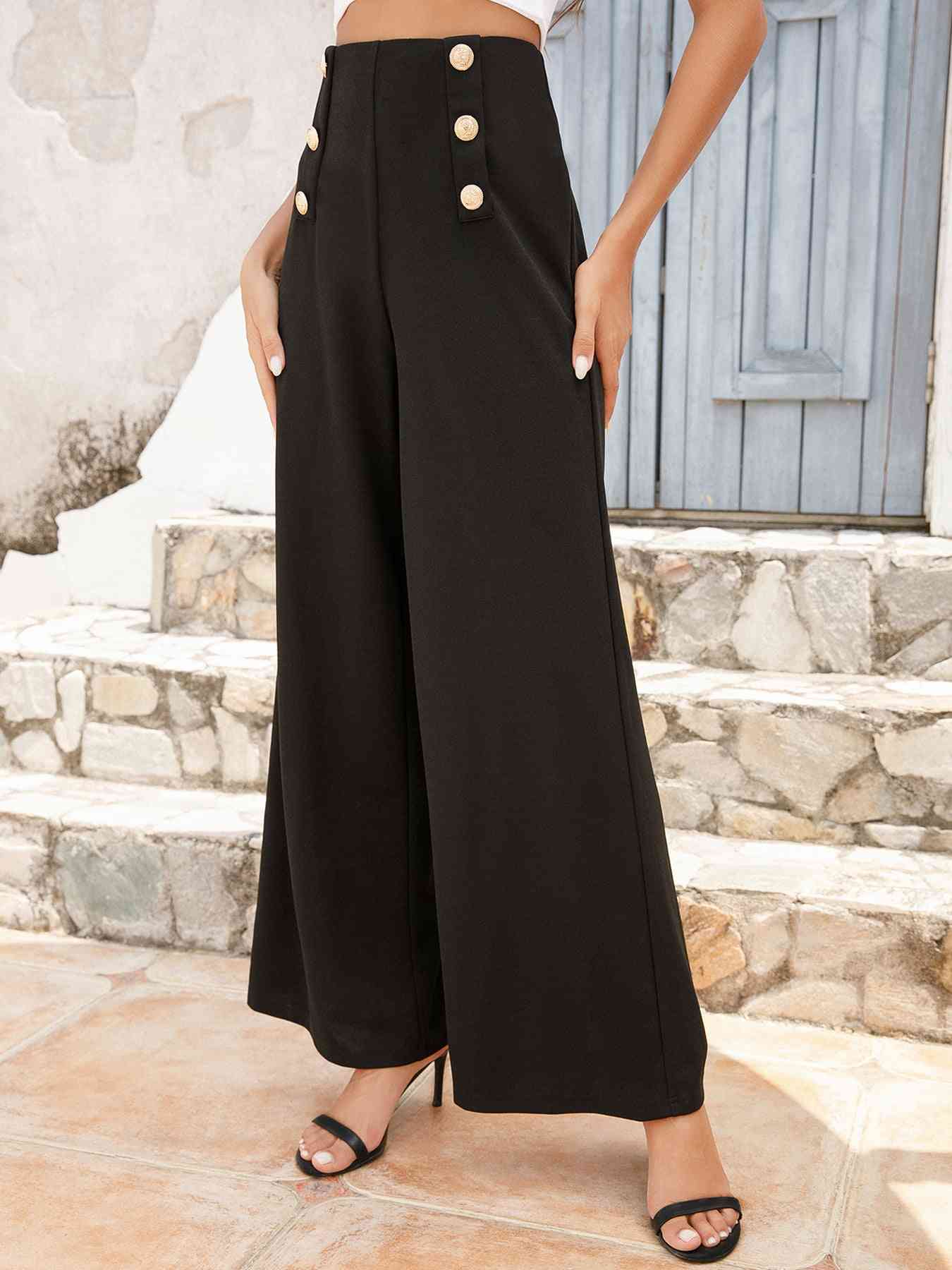 Buttoned High Waist Relax Fit Long Pants Bazaarbey