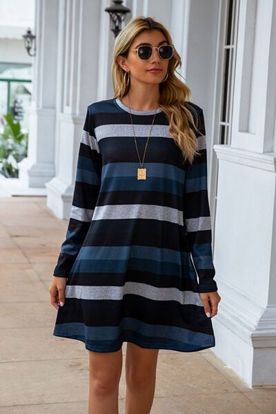 Striped Round Neck Long Sleeve Dress Bazaarbey