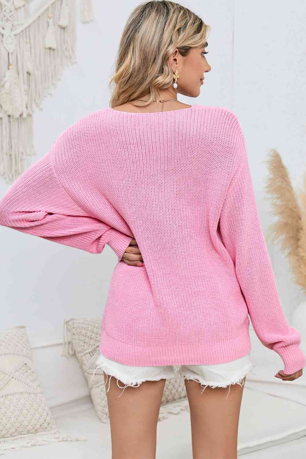 V-Neck Long Sleeve Knit Top Trendsi