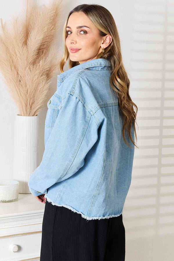  Dropped Shoulder Raw Hem Denim Jacket Bazaarbey